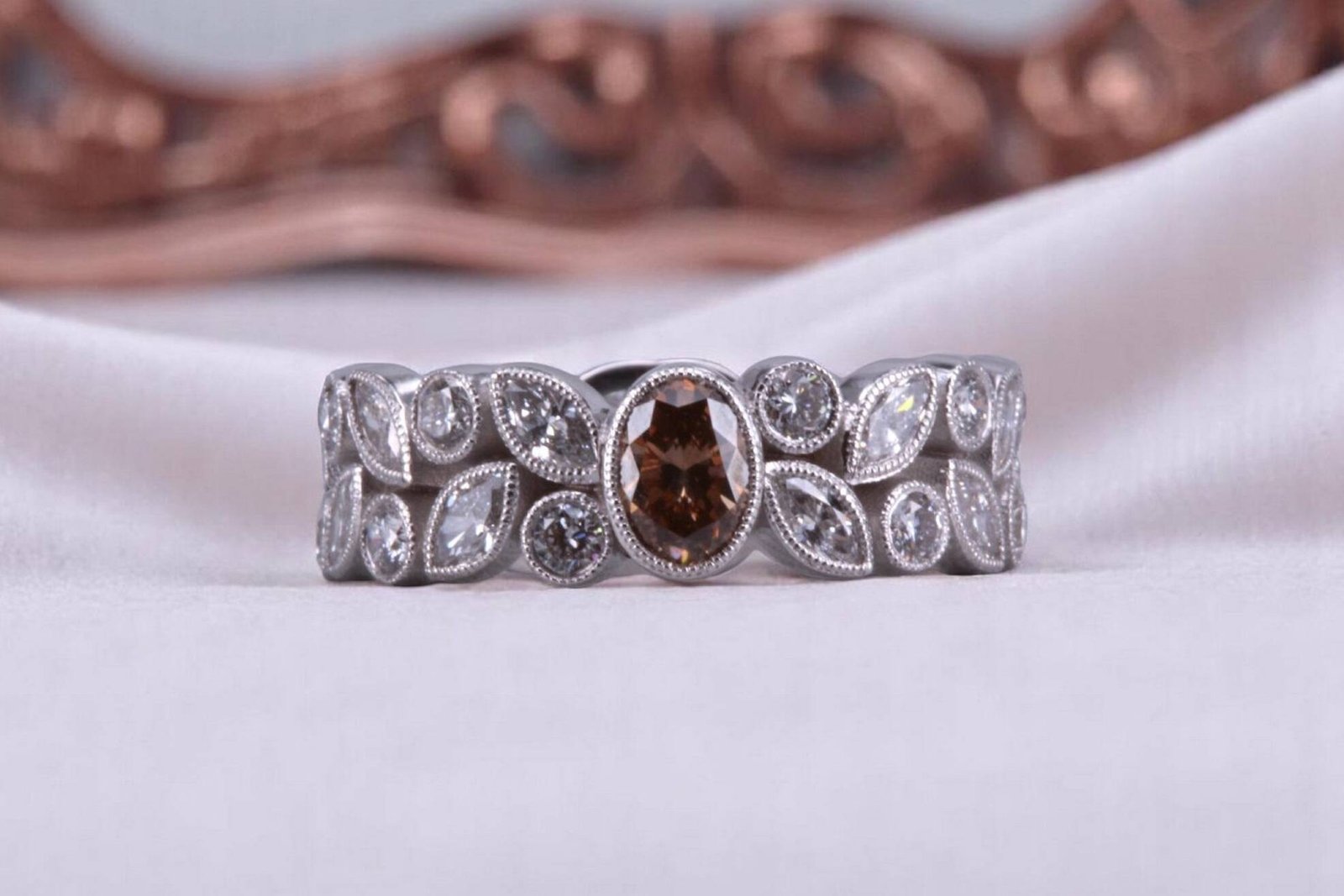 Non-traditional rootbeer diamond floral ring for couples in Oceanside